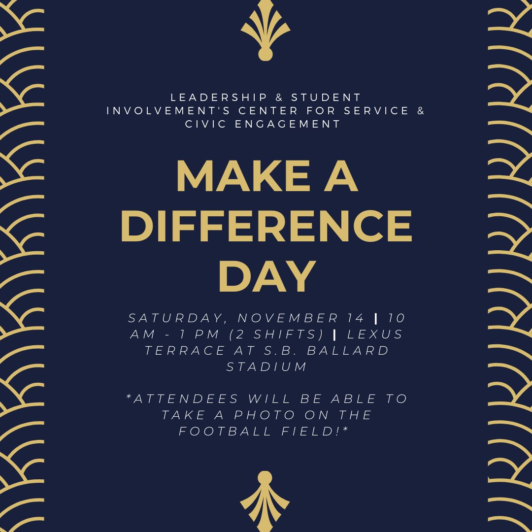 Join us for our annual Make a Difference Day as we partake in various acts of service! Attendees will recieve a free ODU Volunteer t-shirt, as well as the opportunity to take photos on the football field and meet Big Blue! Sign up on Monarch Groups for 1 of the 2 shift times!