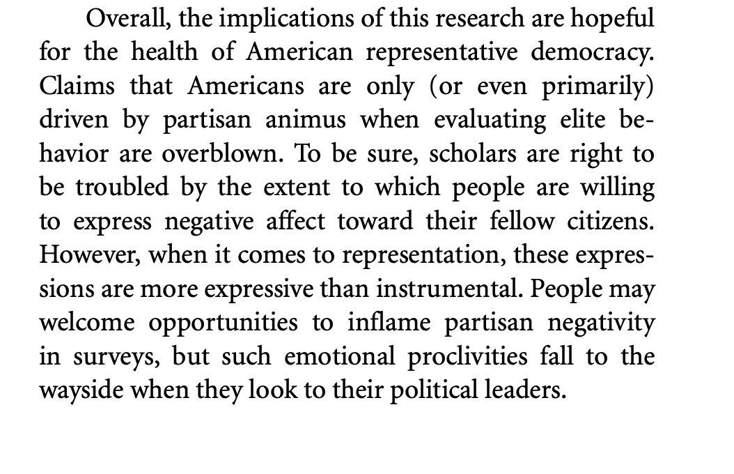 So, politicians who stoke partisan negativity may be out of step with what their constituents want. But that constituents *don't* want that from their leaders is a good thing for representative democracy. /end.