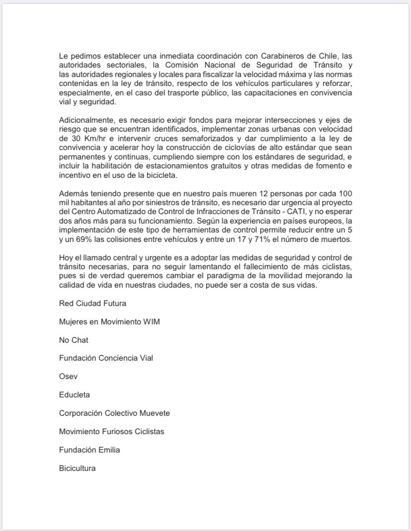 Hoy entregamos una carta al Ministro del Interior y Seguridad Pública <a href="/RodrigoDelgadoM/">Rodrigo Delgado Mocarquer</a> exigiendo medidas concretas e inmediatas para frenar muertes de ciclistas en las calles ¡No más muertxs por pedalear, no más violencia vial, necesitamos medidas AHORA! #NoMásCiclistasMuertxs