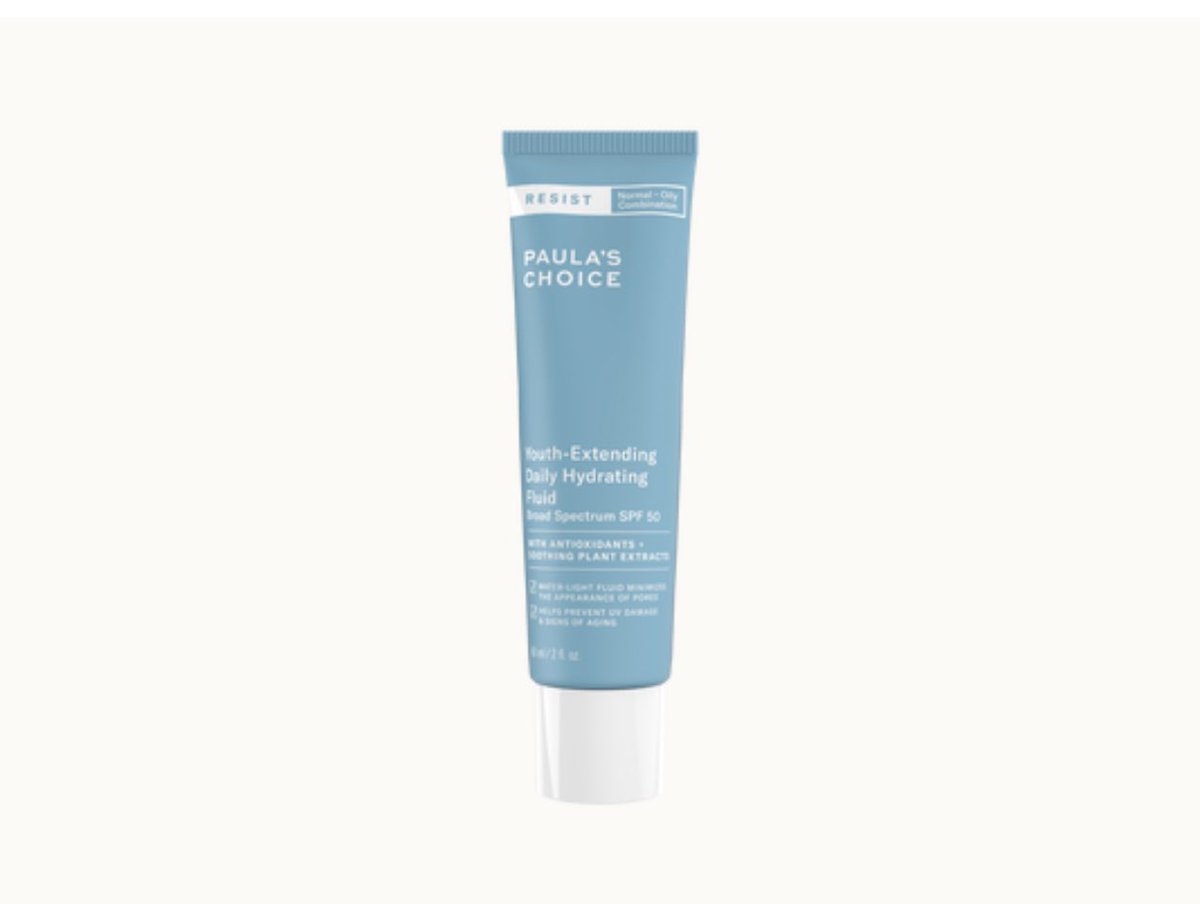 Paula’s Choice Youth-Extending Daily Hydrating Fluid -  @PaulasChoice • SPF 50• NOT Water resistant so don’t use when sweating/swimming • Chemical sunscreen (contains avobenzone) • Fragrance-free & essential-oil free • Light weightAffiliate:  http://pcskin.care/tiara&nbsp;