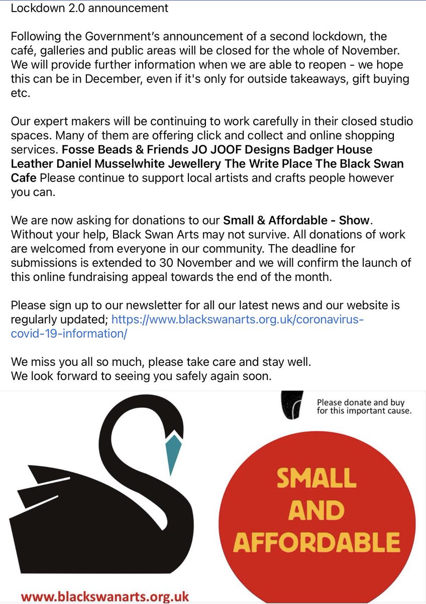 Sad to close our doors again temporarily. 
Stay safe everyone 😷 blackswanarts.org.uk
#shoplocal #savethearts