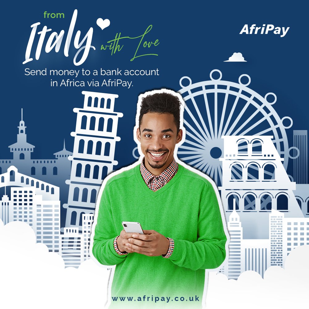 Afripay_Uk's tweet photo. From Italy with money! 

Put a smile on your friends &amp; family's faces from Italy by sending money directly into their bank in a few minutes.   

Learn about rates &amp; charges here-  https://t.co/OaK9EUejuZ

Live in Africa? Tell your folks in Italy about us. https://t.co/YhQO1rXBEb