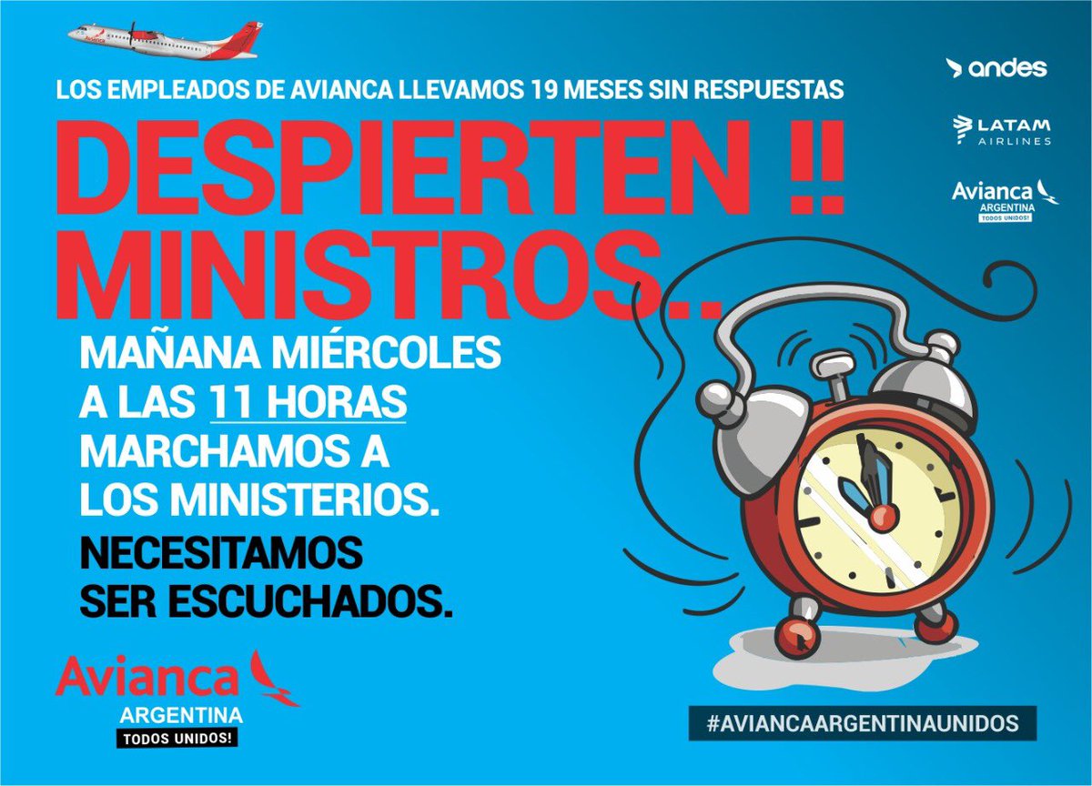 Miércoles 11hs Ezeiza-Ministerios.
Necesitamos Respuestas!
@MinTrabajoAR <a href="/MindeTransporte/">Ministerio de Transporte</a> <a href="/alferdezprensa/">Alberto Fernández Prensa</a> <a href="/EliGAlcorta/">Eli Gomez Alcorta</a> <a href="/aviacionline/">Aviacionline.com</a> <a href="/en_aviacion/">Aviación en Argentina</a> <a href="/RedAviacion/">Red Sindicatos de Aviación Civil</a> <a href="/REASEDAV/">Periodistas Aviación</a> @De_aviacion <a href="/aviacion_al_dia/">Aviación al Día</a> <a href="/Aero_Dato/">¡Dato Aéreo!</a> <a href="/PostaAero/">Aeroposta24</a> <a href="/Aero_Dato/">¡Dato Aéreo!</a> <a href="/PPT_oficial/">PPT</a> <a href="/BDAmerica/">幺妹 甜甜</a> <a href="/infomardel/">infomardel</a>