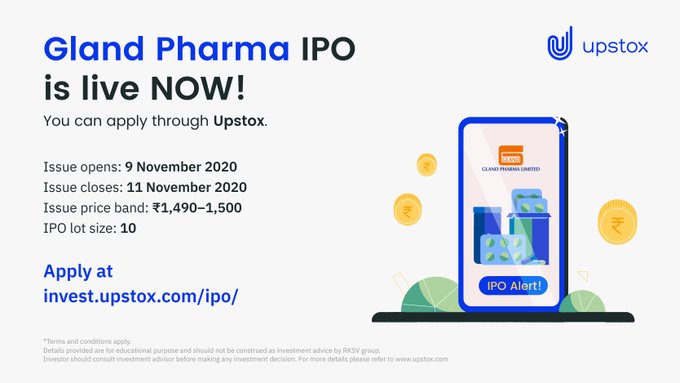 #glandpharma  IPO is live on Upstox!

Issue closes on 11th Nov 2020.

Apply now: uptx.to/comil

*Link to open free demat account &amp; apply in IPO*
👇
upstox.com/open-account/?…

Account activation within 24hrs

#IPO #BiharElectionResults2020 #UpstoxInvest #AbCricketBuzzega