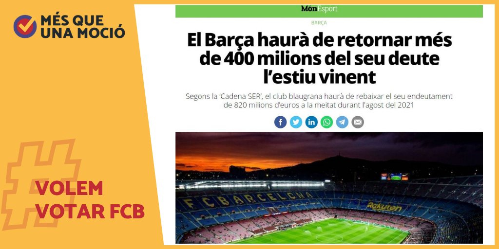 🚨 El Barca ha de retorna 400 MM a 2021.

💸 Bartomeu va incloure, als resultats de l'últim exercici, ingressos que no s’han produït:

190 MM estalviats en renegociació contractes
100 MM venda d’actius

🗳Aquest escenari només pot ser afrontat per la nova junta.

#PosiLesUrnesFCB