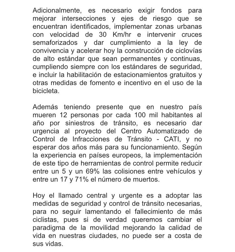 Representantes de organizaciones de la sociedad civil entregan carta a autoridades exigiendo tomen medidas urgentes frente al aumento de ciclistas fallecidos producto de siniestros viales. Cabe señalar q sólo hasta septiembre ya son 85 los ciclistas fallecidos trágicamente.