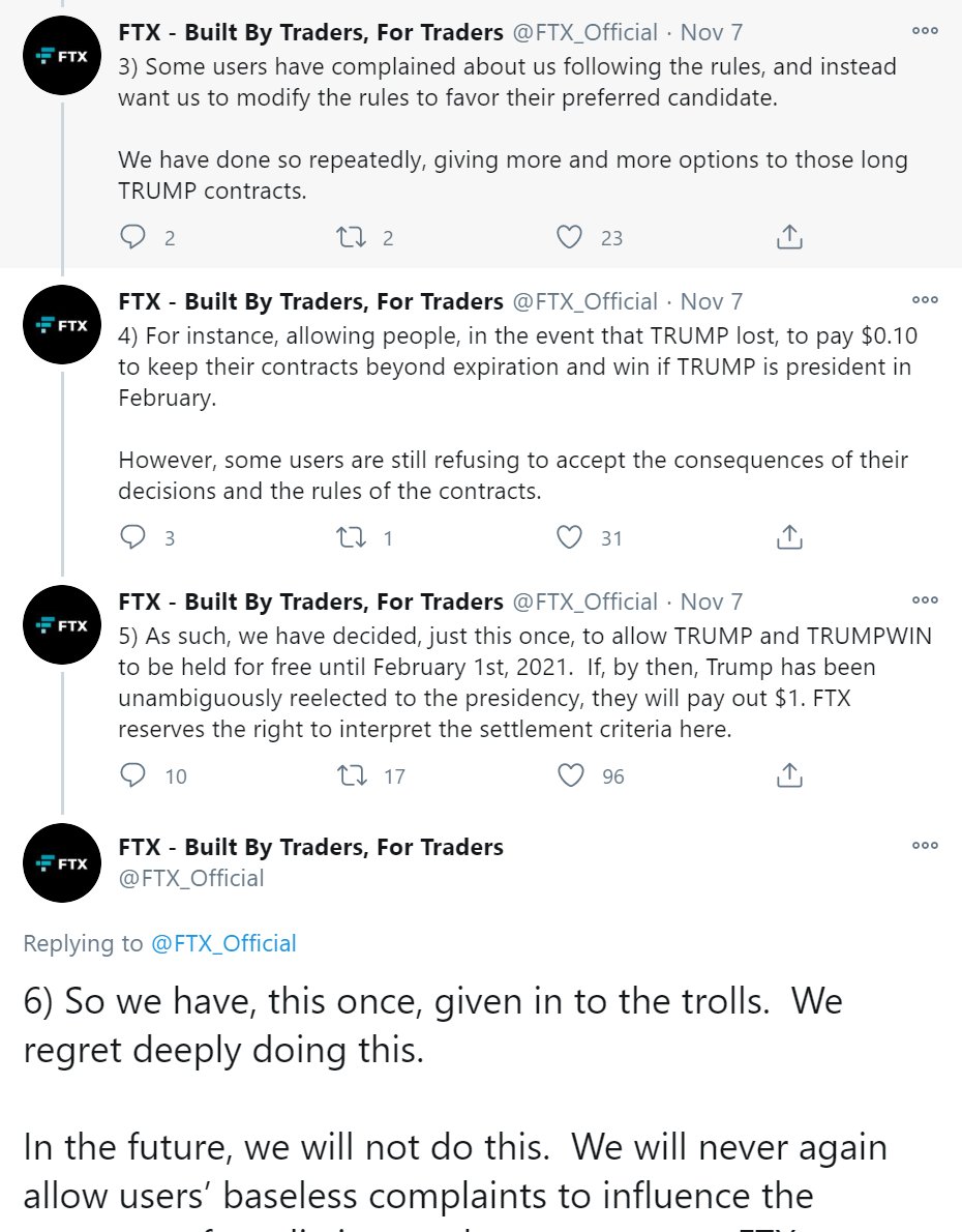 Well. There was a contract, TRUMP, with a sufficient condition for expiration at 0: enough networks call the election against the candidate. Some people didn't like the rules after the fact, and so what did the platform do?See below:6/