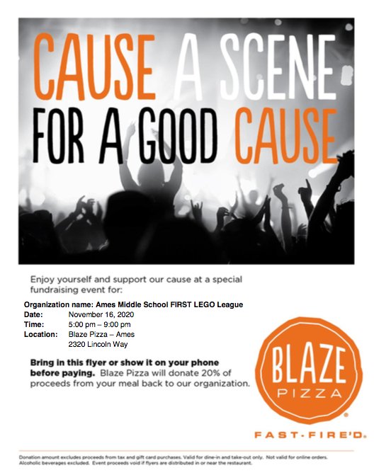 SOFIRST_ISU's tweet photo. Support Ames Middle School FLL on Monday November 16th with their Blaze Pizza Fundraiser!!! 🍕 https://t.co/MCHDFIDSIi