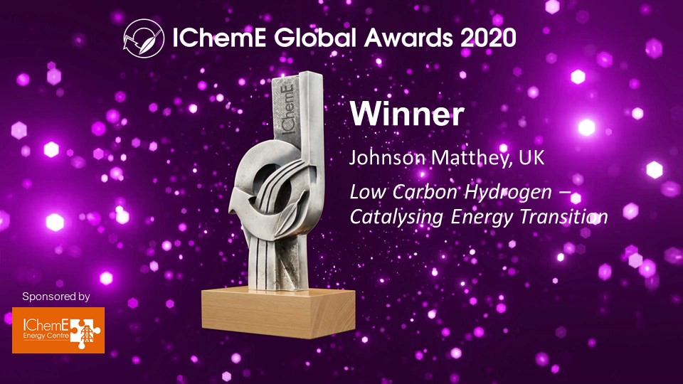 IChemE's tweet photo. And the 2020 Energy Award winner is…. @Johnson_Matthey for its project ‘Low Carbon Hydrogen –  Catalysing Energy Transition’! 

🏆#ichemeawards https://t.co/QJDmMcObAD