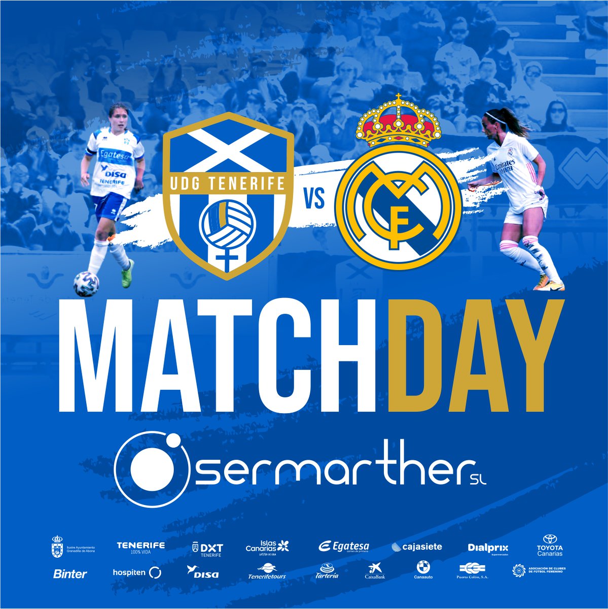 ⚽💙👏 |MATCHDAY| ¡Muy buenos días! Sonríe,¡que juegan las guerreras!

👀 Esta tarde a las 19:30 horas, cita histórica ante el <a href="/realmadridfem/">Real Madrid C.F.</a> 

🏟️ Entradas a 10€ hasta agotar aforo limitado
🤝 Patrocina Sermarther SL
📲 Previa: bit.ly/32wS2FB

#UDGTenerife #Somosfamilia