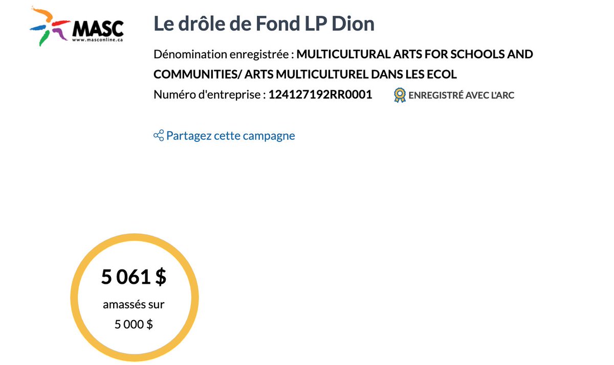Nos coeurs brillent ce matin: Le drôle de Fond #LPDion a déjà atteint plus de 5 000 $ pour la programmation artistique qui sera dispensée dans les écoles françaises de l'Ontario. Merci pour votre générosité et de faire honneur à la vie de Louis Philippe! canadahelps.org/.../1-le-drole…