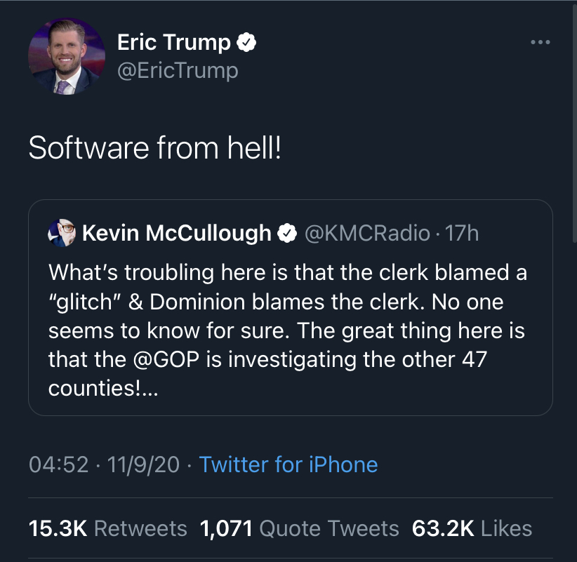 But two errors, both bad for Republicans, were all the evidence many on the right needed. The Trump bros. & others incorrectly blamed the issues on software and said they signaled wider issues with the vote. Posts & stories like these were shared hundreds of thousands of times.