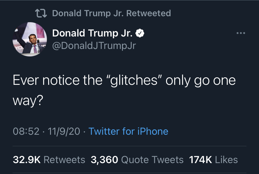 But two errors, both bad for Republicans, were all the evidence many on the right needed. The Trump bros. & others incorrectly blamed the issues on software and said they signaled wider issues with the vote. Posts & stories like these were shared hundreds of thousands of times.