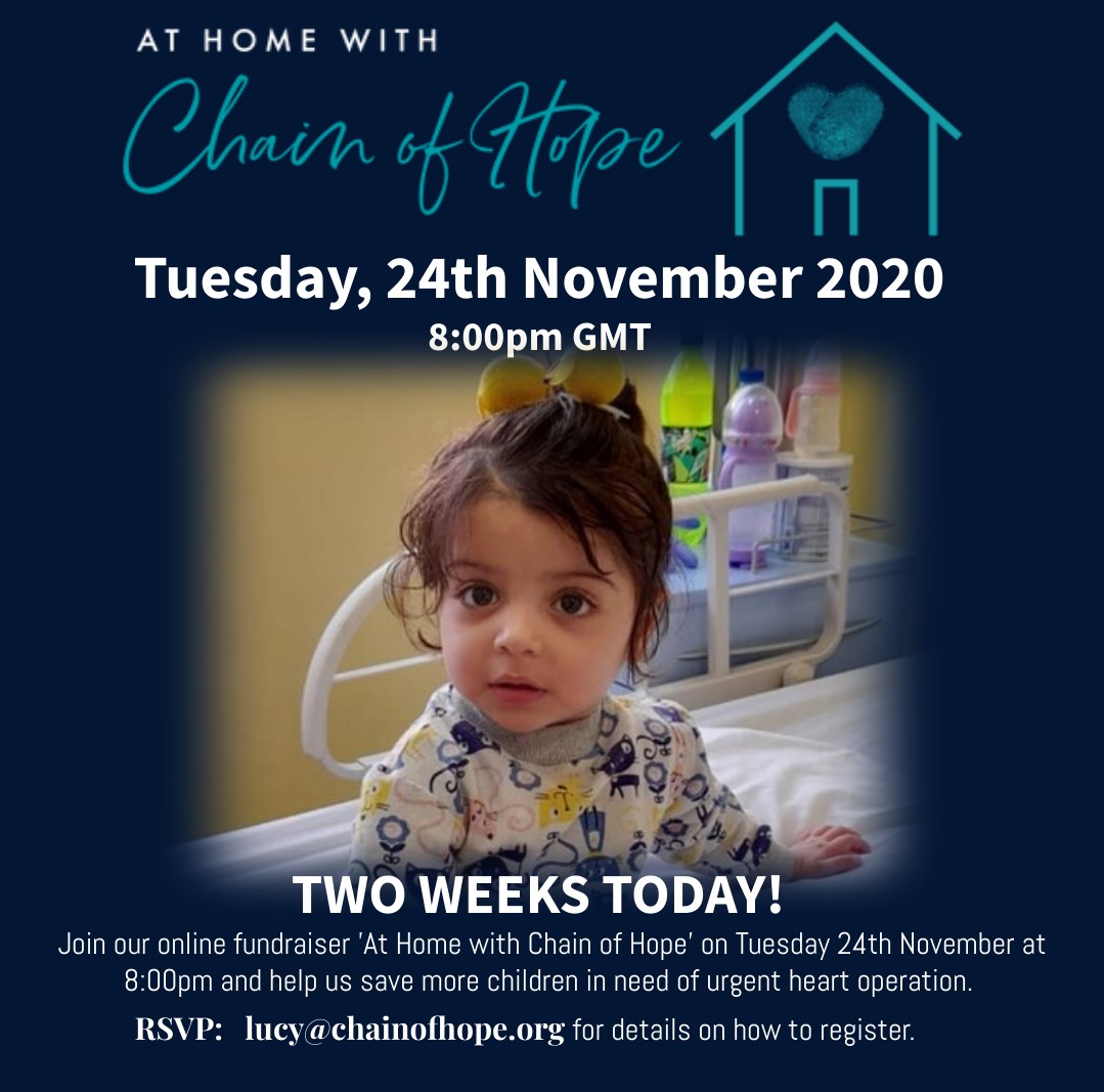 ChainofHopeUK's tweet photo. Two weeks today! Join us online 8:00pm GMT for a virtual fundraiser for children with heart disease. RSVP lucy@chainofhope.org for details on how to register.
#athomewithcoh 
#chainofhope 
#virtualfundraiser 
#charitytuesday https://t.co/bR4KAKf65x