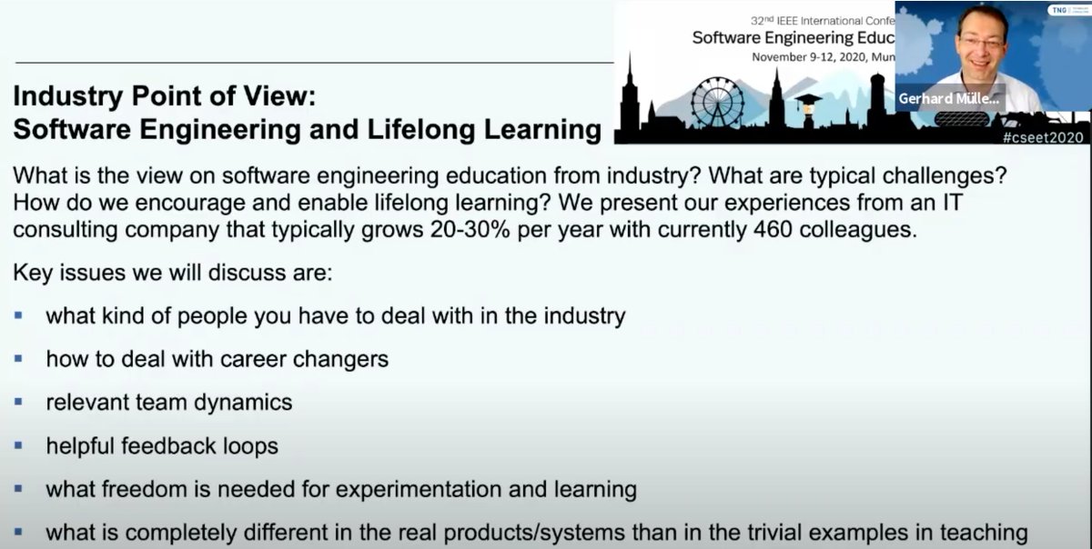 CSEETconf's tweet image. Interesting insights in our industry session about lifelong learning by our sponsor @tngtech with @gmtng and Franziska Steinecker. Students should be better prepared for large projects in industry! #cseet2020 Thanks for the support and the great presentation