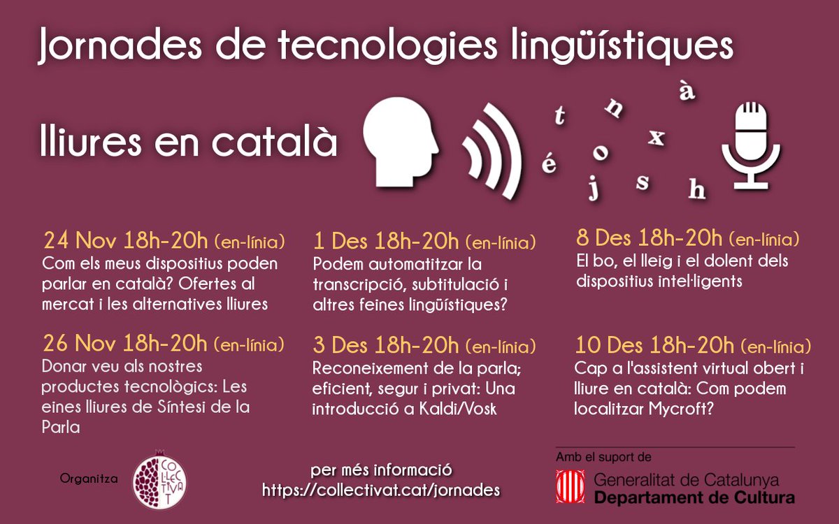 collectivat's tweet image. «Jornades de tecnologies lingüístiques lliures en català» ja estan aquí!
Es discutirà les innovacions recents al sector, les alternatives lliures i com impulsar l'ús del català en productes tecnològics
Seran sis sessions, en línia. Per més informació collectivat.cat/blog/2020-11-0…