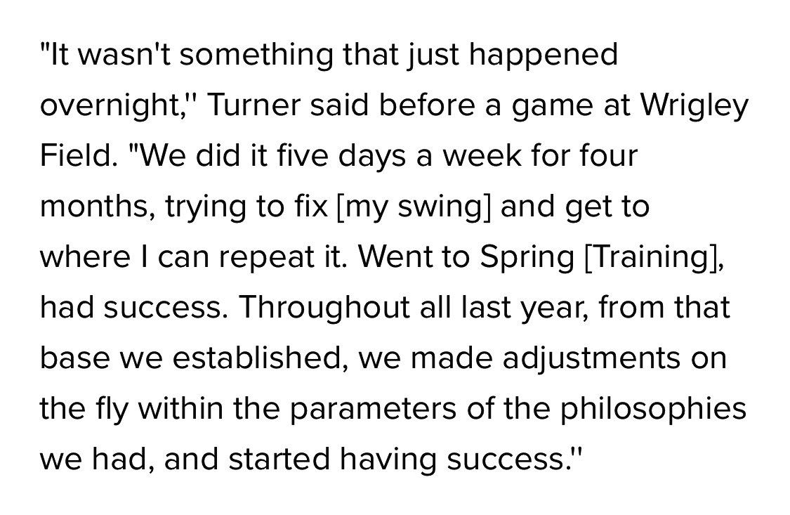 CoachJeffLeach's tweet image. Justin Turner was already a big leaguer when he decided to change his swing. He hit 5x a week for 4 months in the offseason &amp;amp; transformed his career.

Maybe amateur hitters w/more holes in their swing than Swiss cheese shouldn’t expect to get better hitting 1-2 times a week