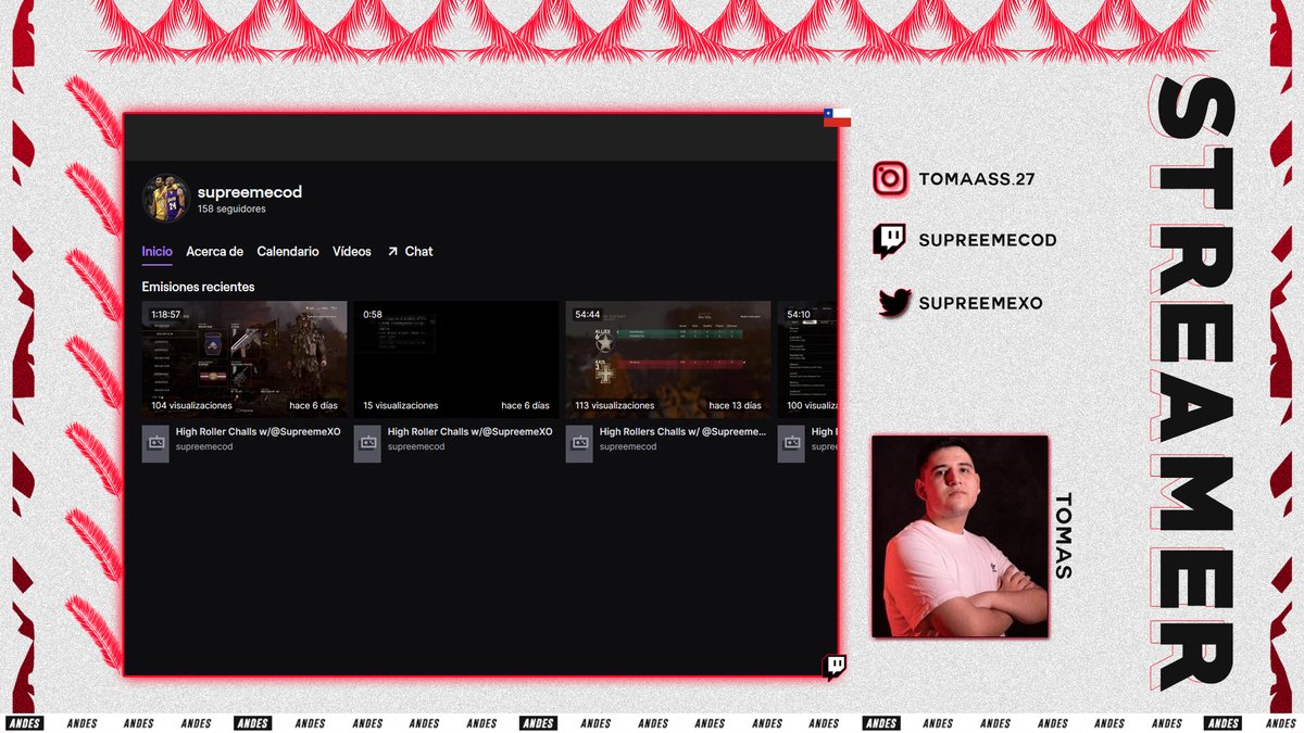 STREAMER - @SupreemeXO.

Venimos a recomendarles el canal de Supreeme, Jugador Profesional de Call of Duty que día a día transmite challs y torneos por su canal de <a href="/Twitch/">Twitch</a>.

▶️Twitch.tv/supreemecod
▶️Instagram.com/tomaass.27

¡Únete a la comunidad de Tomás!

#RetroAndinos