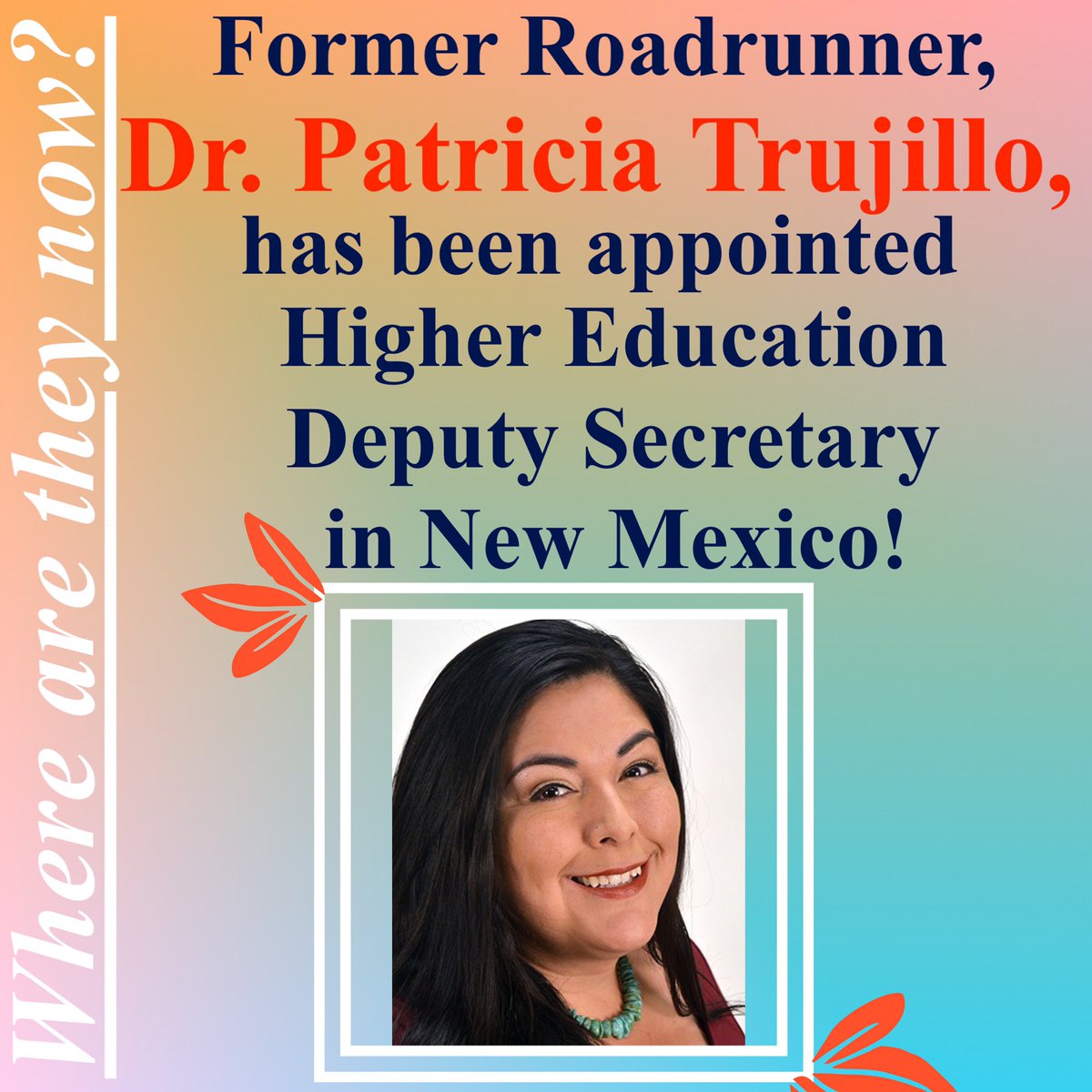 UTSAEnglish's tweet photo. Congratulations to our former ‘Runner, Dr. Patricia Trujillo, on her appointment as Higher Ed. Deputy Secretary in New Mexico!
Dr. Trujillo earned her Ph.D. in U.S. Latina/Latino Literature @UTSA, working closely with our own Dr. Saldivar-Hull!
#UTSAAlumni #UTSAGrads https://t.co/zAdBHo9CDl