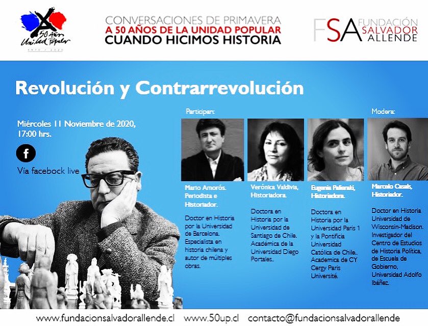 Mañana asiste a la 2da mesa del Encuentro Internacional de Historiadores "Cuando hicimos historia". 

Exponen:
<a href="/MarioAmoros1973/">Mario Amorós </a> 
Eugenia Palieraki
Veronica Valdivia

Modera:
<a href="/Palquelea/">Marcelo Casals</a> 

📌Tema: Revolución y contrarrevolución
🗓️11/11
⏰17 HRS

facebook.com/SalvadorAllend…

#50AñosUP