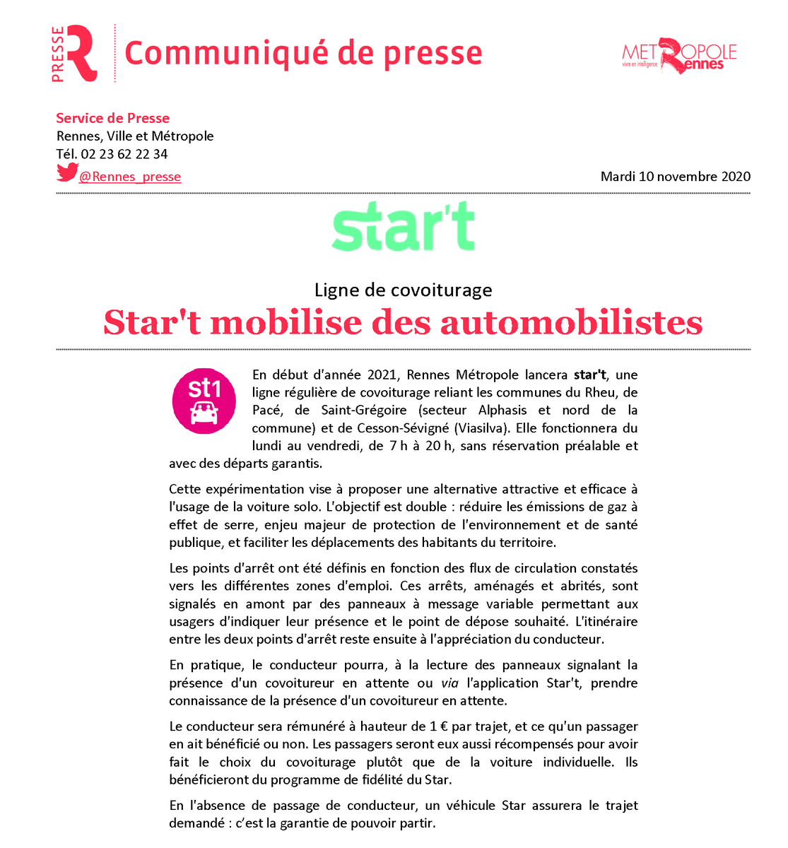 Rennes_presse's tweet photo. [Communiqué] En 2021, #Rennes Métropole aura sa 1ère ligne de #covoiturage : les automobilistes intéressés sont invités à s'inscrire 👉 https://t.co/buxf3sfKrN https://t.co/Nj1xJD8wcz