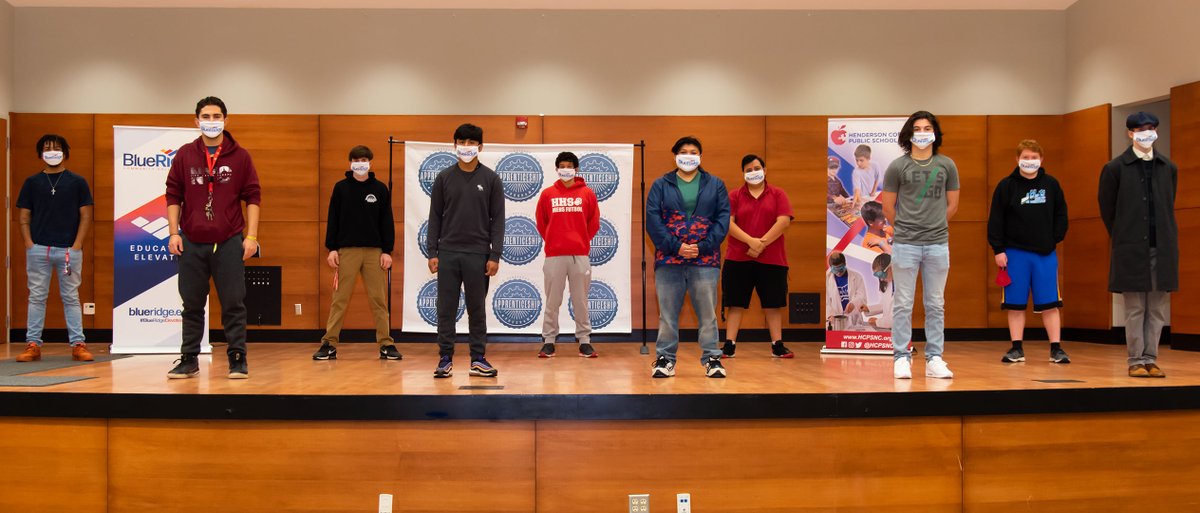 BlueRidgeCC's tweet photo. A local record! This fall 21 @HCPSNC grads began apprenticeships at Blue Ridge in manufacturing, automotive,  and banking and finance.
Pictured here are our Made in Henderson Co manufacturing apprentices. 
Visit https://t.co/hALCwxcG7n to learn more. 
#NAW2020 #EducationElevated https://t.co/HTy820MfSa