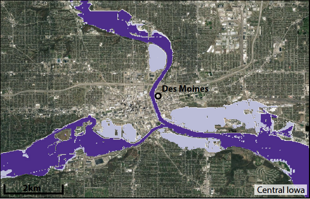 We combine simulations from a climate model large ensemble (CESM-LENS) and a high-resolution hydrodynamic model ( @fathom_global) to estimate how projected increases in extreme precipitation will affect the extent and depth of flood inundation. (2/13) https://agupubs.onlinelibrary.wiley.com/doi/10.1029/2020EF001778