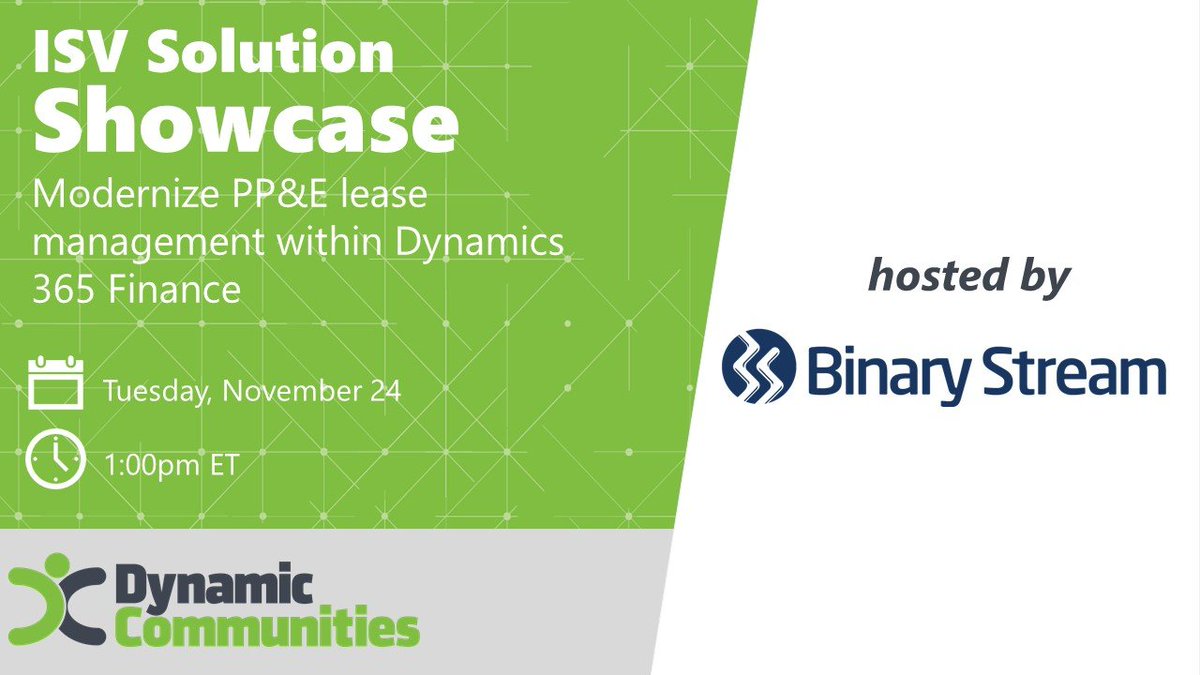 Looking for better ways to handle PP&amp;E leases? Join <a href="/BinaryStream/">Binary Stream</a> to learn how you can automate the most time-consuming parts with Property Lease Management. Their solution simplifies both lessor &amp; lessee #accounting processes. Register: hubs.ly/H0y9grf0 #msdyn