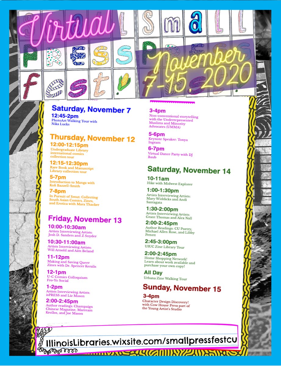So excited to be part of Small Press Fest happening until 11/15. A celebration of small press publications and DIY artists in Champaign-Urbana, IL and surrounding areas as organized by the tireless Sarah Christensen &amp; friends. #SPF2020 
illinoislibraries.wixsite.com/smallpressfest…