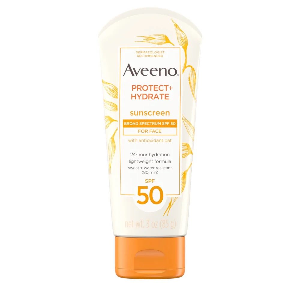 Aveeno Protect & Hydrate Lotion Sunscreen for Face SPF 50• Chemical sunscreen (contains avobenzone)• Broad spectrum• Contains fragrance• Water resistant