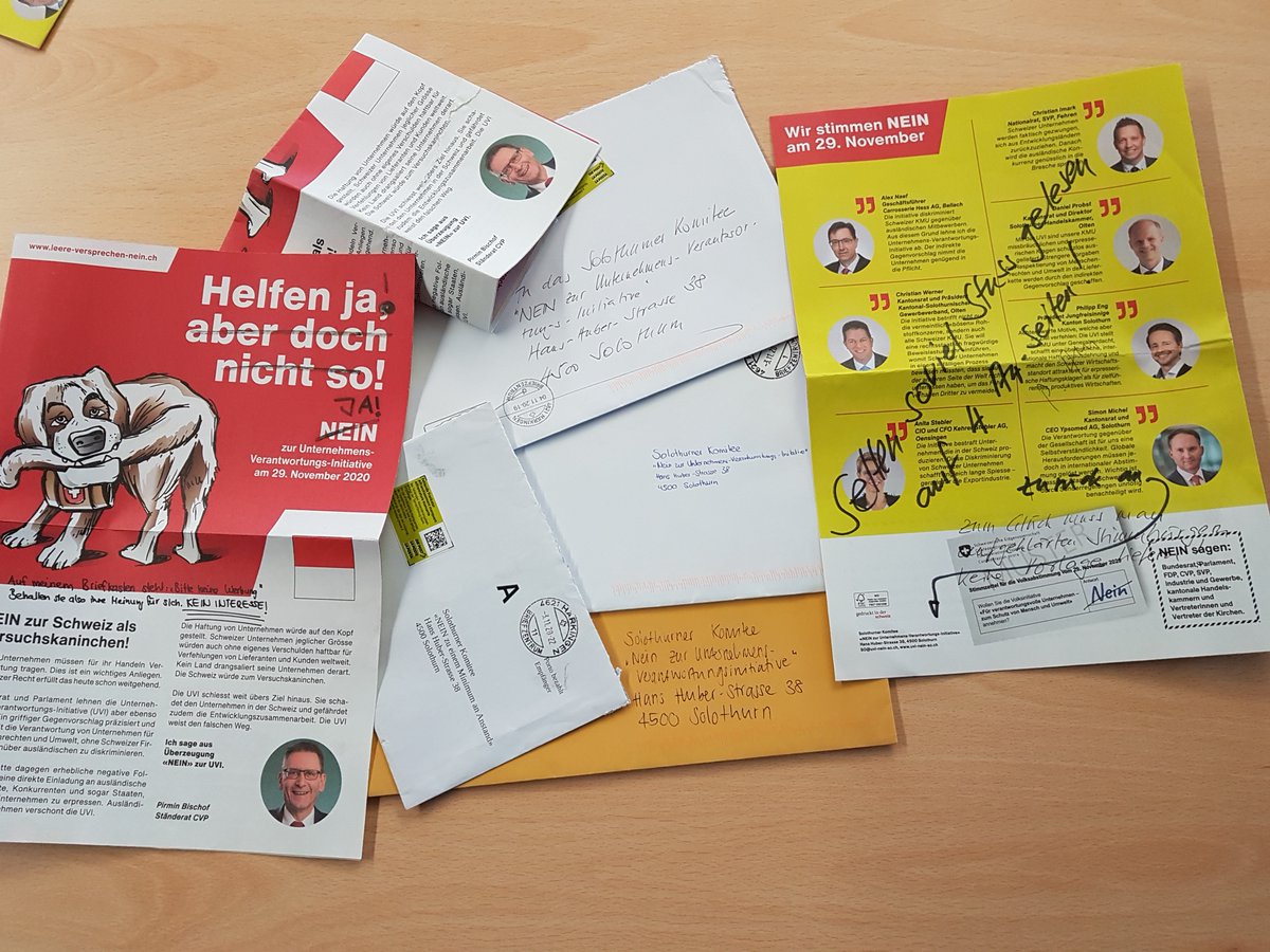 Unanständige Retouren sind bei gewissen Abstimmungen an der Tagesordnung. Schon fast amüsiert hat mich der Brief an das Solothurner Komitee "NEIN zu einem Minimum an Anstand". Denn, Anstand fehlt wahrlich, wenn man unfrankierte Briefe schickt und das erst noch anonym...
