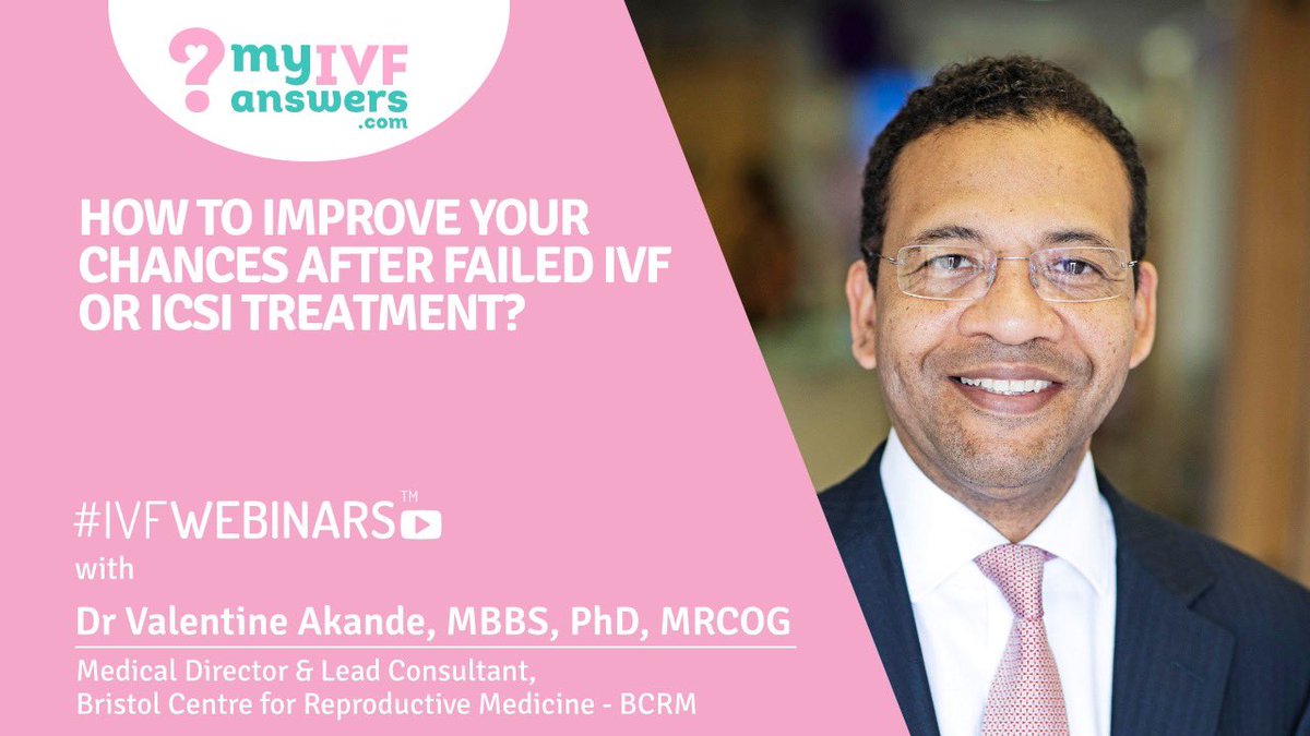 👉 myivfanswers.com/events/improvi…
Join the #IVFWEBINAR with Mr Valentine Akande, Medical Director BCRM - Bristol Centre For Reproductive Medicine, UK who will be discussing your chances of conception and how can you improve them after failed IVF .
💻 LIVE on Wednesday 18.11.20 8:00 PM