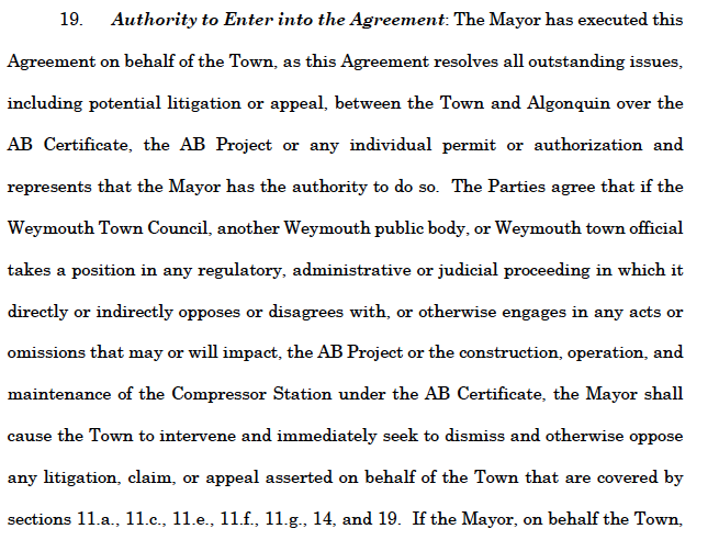 3/ the agreement by our Mayor and Town Solicitor. These facts alone should cause much concern.Here is Section 19: