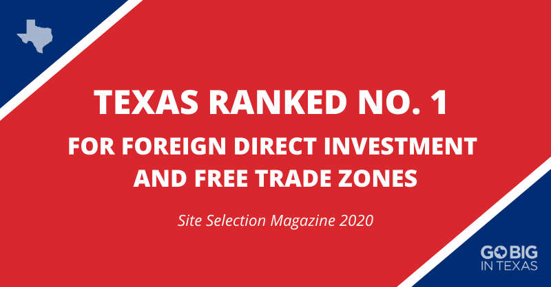 GoBigInTexas's tweet photo. Texas has been named the top state for foreign direct investment (FDI) projects and the top Free Trade Zone (FTZ) state in the country by @SiteSelection, based on recent expansion projects and trade data. #GoBigInTexas https://t.co/y1lenNOCSu https://t.co/ajffCG7IQy