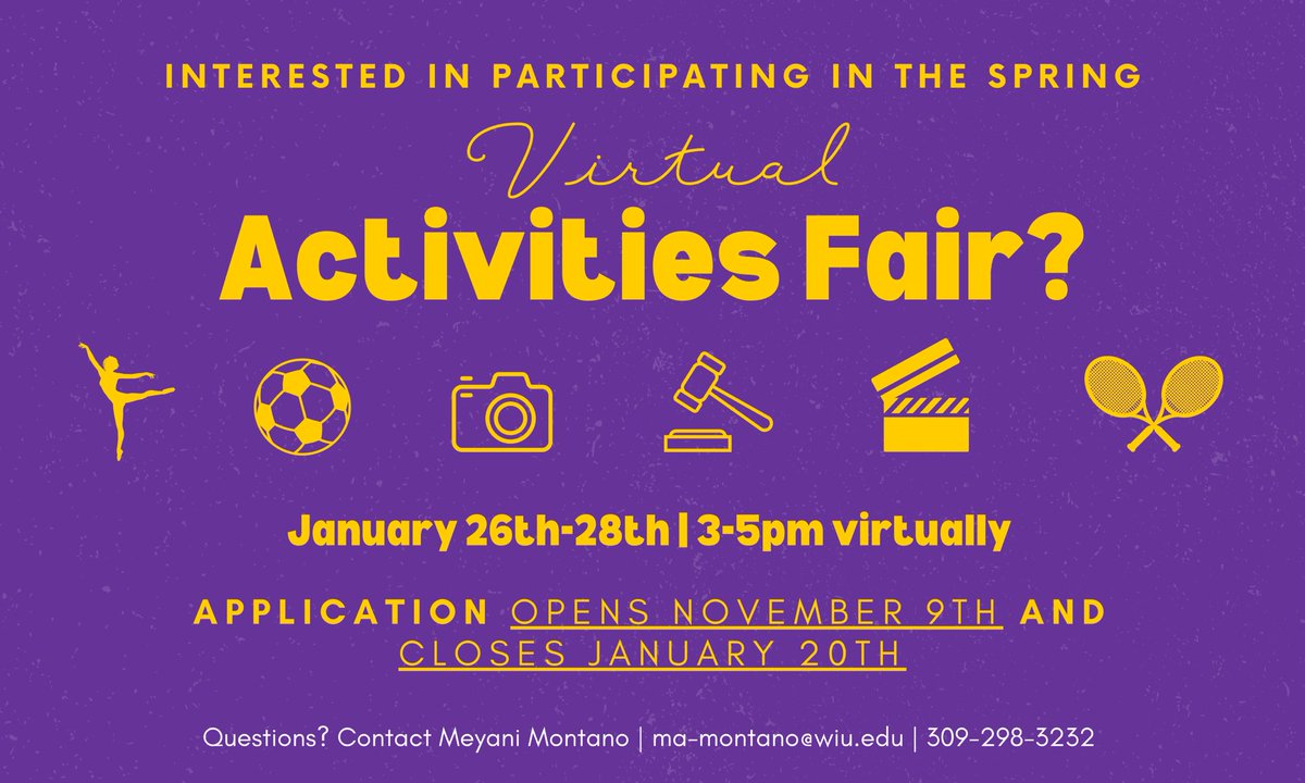 WIU_OSE's tweet image. ⏰The time has come to register your student organization for the Spring 2021 Virtual Activities Fair!⏰

Sign up on Purple Post or follow the link in our bio! Questions? DM us!