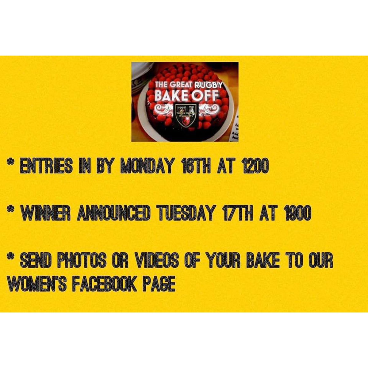 THWRFC's tweet photo. Telford Hornets Women would like to invite you all to.....

⭐️THE GREAT RUGBY BAKEOFF⭐️

Every week we will be hosting a mini bake off online competition, with a weekly bake theme and the winner crowned King or Queen Hornet baker. 

Crouch Bind Bake!!! 🐝💛🖤￼￼

🍩🍰🧁🍪 https://t.co/EpcnBTo5B5