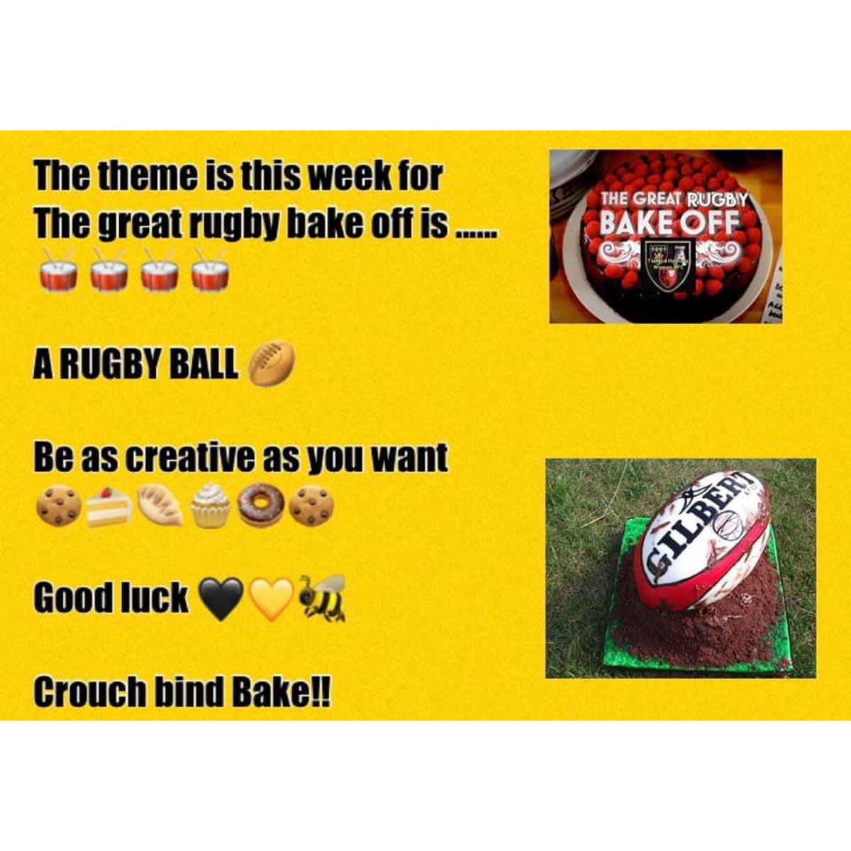 THWRFC's tweet photo. Telford Hornets Women would like to invite you all to.....

⭐️THE GREAT RUGBY BAKEOFF⭐️

Every week we will be hosting a mini bake off online competition, with a weekly bake theme and the winner crowned King or Queen Hornet baker. 

Crouch Bind Bake!!! 🐝💛🖤￼￼

🍩🍰🧁🍪 https://t.co/EpcnBTo5B5
