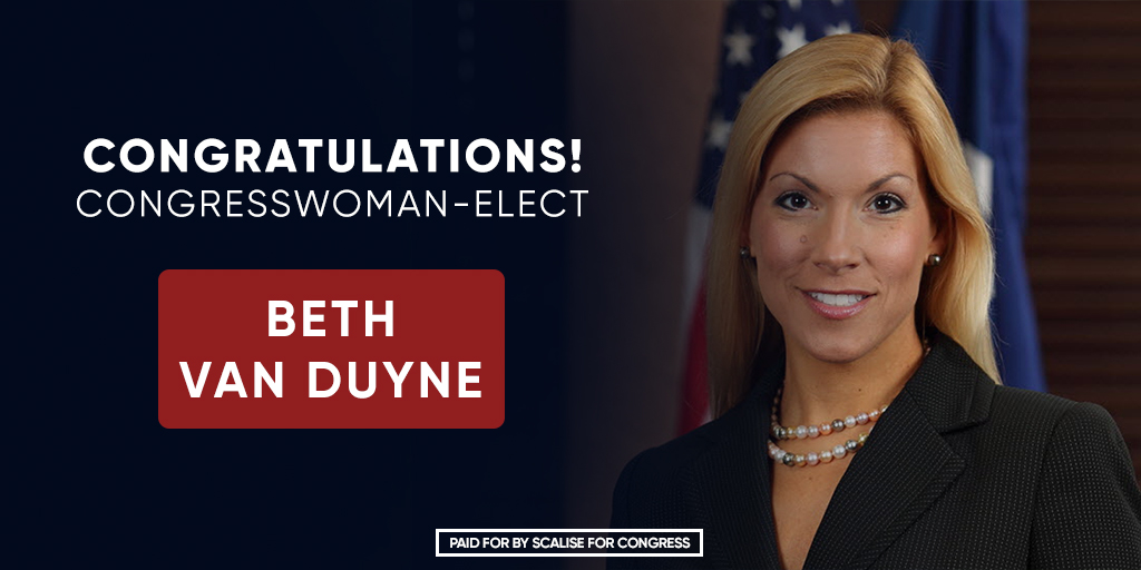 SteveScaliseGOP's tweet photo. The people of TX-24 have spoken, and Iโm proud to congratulate @Bethvanduyne on her victory! I know Beth is ready to work hard for her constituents, and I look forward to partnering with her in Washington next year! https://t.co/f2ExWJicC4