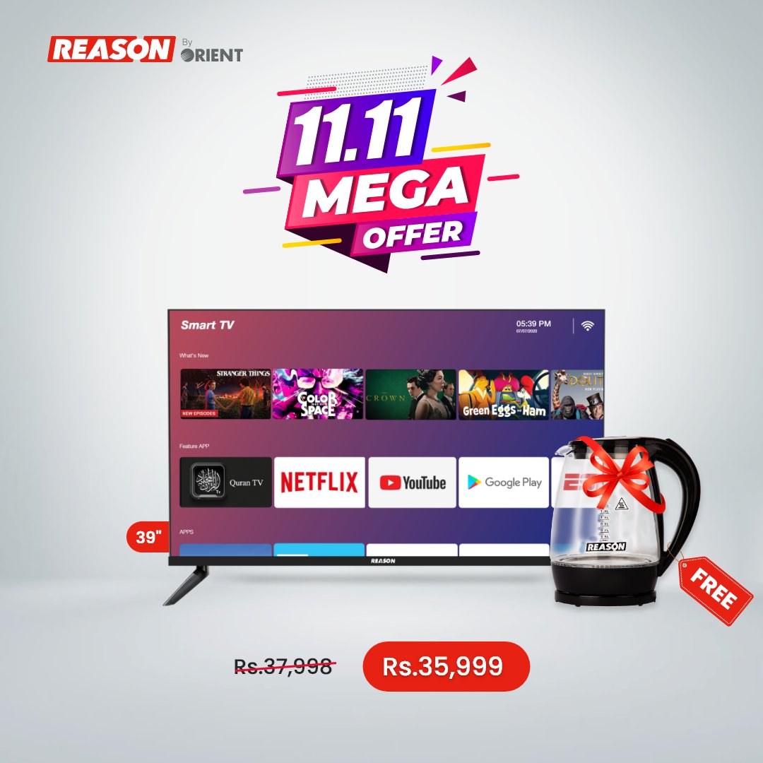 BuyReason's tweet image. Mega Offer, Mega Combo! Get a free Electric Kettle with Reason LED TV with our 11.11 discount offer. 😍🤠 #1111MegaOffer #LED #AndroidLED #ReasonByOrient
🛒 Shop Now: zcu.io/YvZ3
