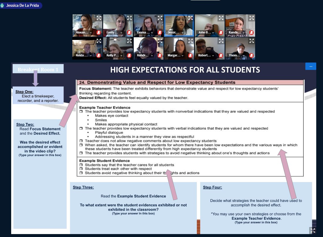 GlennaEWyatt's tweet photo. Equity through the Lens of an ELL - powerful session on High Expectations for ALL Students! Teachers are going into breakout rooms to explore the protocols and learn strategies for this element! @ocpsPL #ocpseval #ocpscao #OCPSi3 https://t.co/eZo0U1kbVw