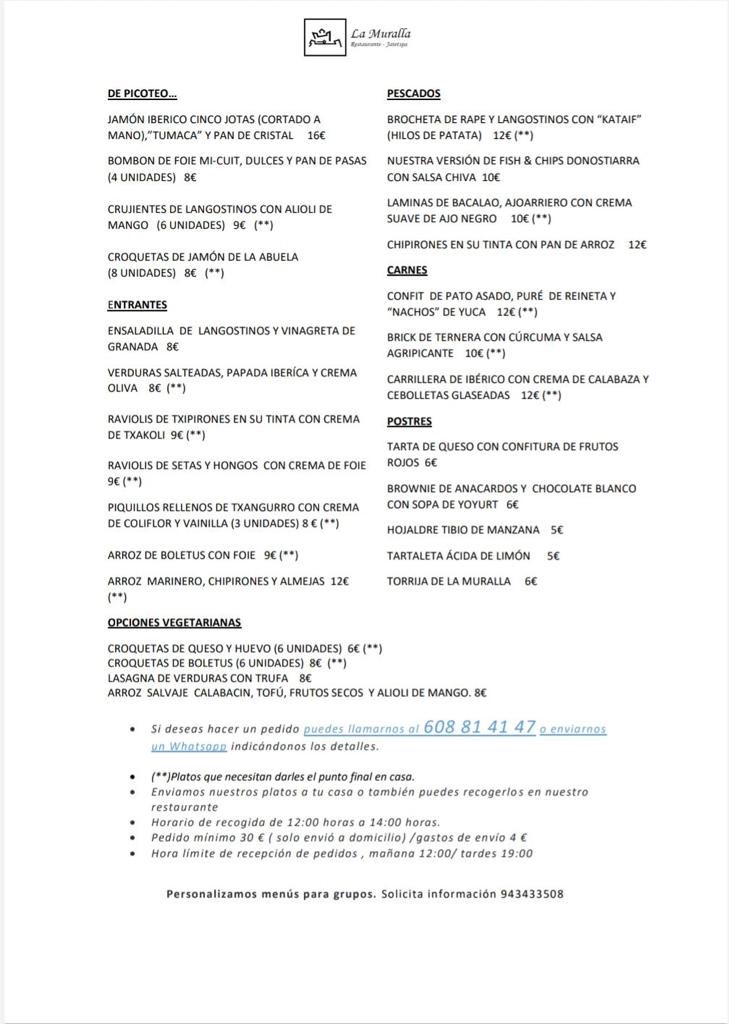urepel_rest's tweet photo. [cast] Seguimos cerrados hasta nuevo aviso, pero os mostramos la carta a domicilio o para llevar que ha preparado @LaMuralladeSS . ¡Podéis pedir vuestros platos en el 608 81 41 47! ¡Animaos que la acogida está siendo muy buena!
#urepel #lamuralladedonostia https://t.co/b8Mszi3U83