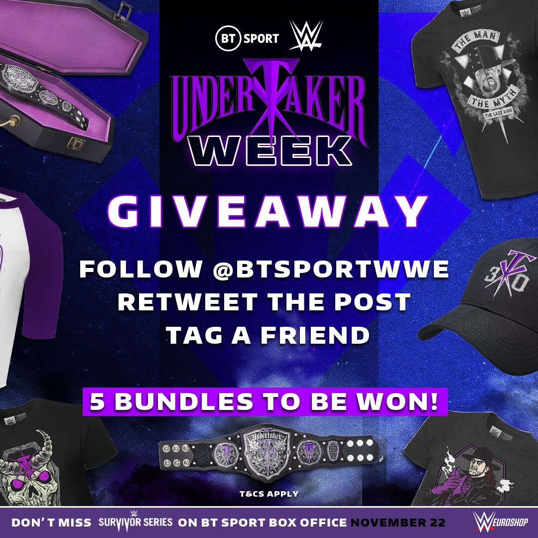 wweontnt's tweet photo. Get kitted out for #UndertakerWeek with our @wweshop giveaway 💜

1️⃣ Be following @btsportwwe 
2️⃣ Retweet this post
3️⃣ Tag a friend

Good luck! 

#Undertaker30

Full T&amp;Cs ➡️ https://t.co/AMd9V4UyzI https://t.co/9C6iX67bJQ