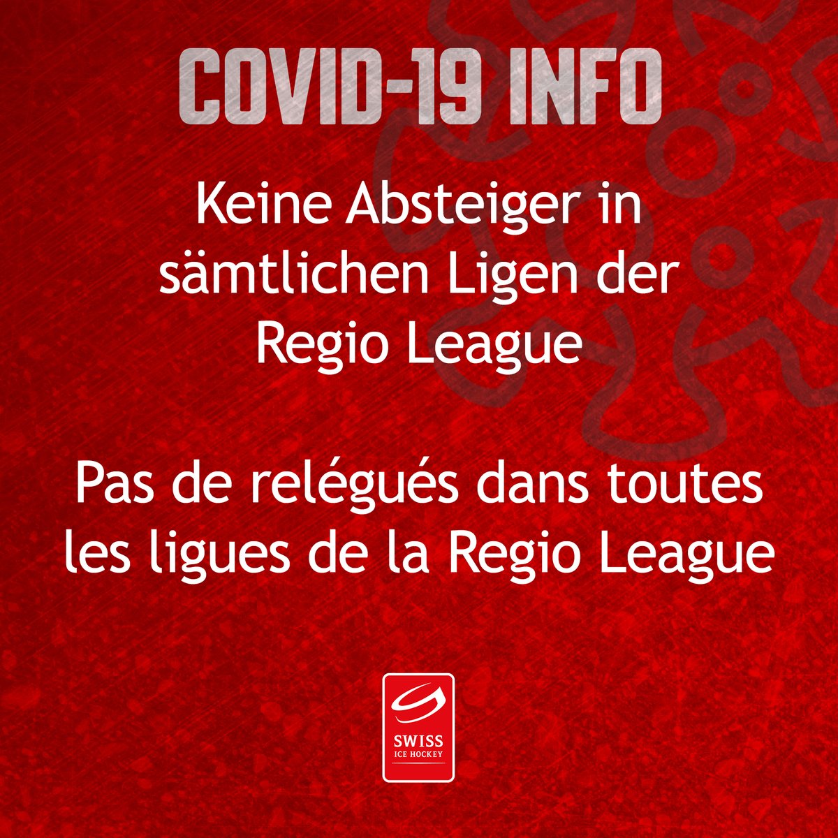 SwissIceHockey's tweet photo. #CovidUpdate ‼️

Aufgrund der Unsicherheit über die Wiederaufnahme eines Meisterschaftsbetriebs gibt es in der laufenden Saison in allen Ligen der #RegioLeague (Aktive, Frauen, Nachwuchs, Senioren) keinen Absteiger.

Alle Informationen dazu 👉 https://t.co/a6DTiBUbYb https://t.co/4ZNvX56OIw