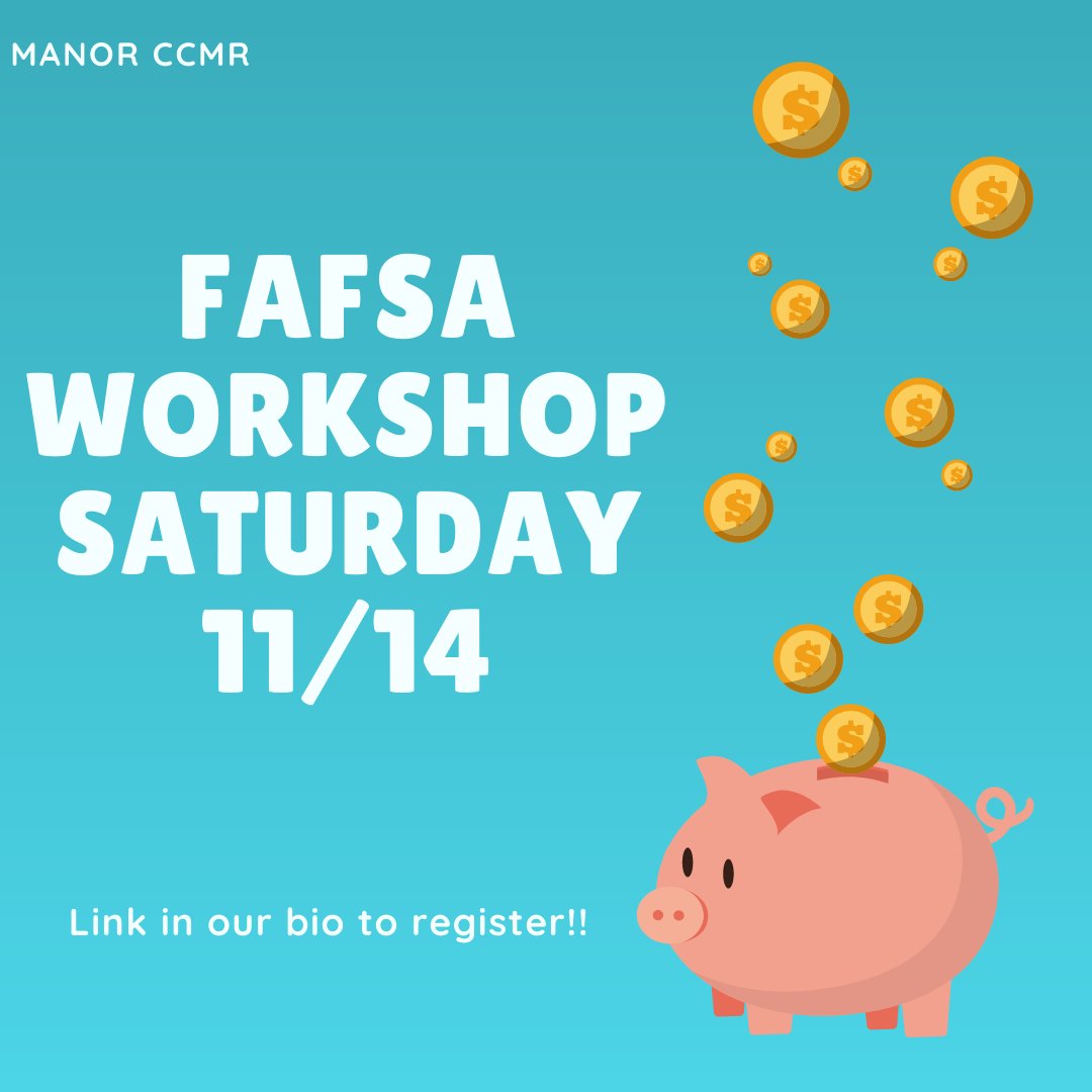 ManorCCR's tweet photo. You do not want to miss this! There is a FAFSA🤑 workshop on Saturday 9am-12pm for students, parents and guardians!! Do not let this💸 FREE MONEY 💸go to waste. Let us help you apply and see if you qualify 💰💰💰 https://t.co/BeSsX6YfQC