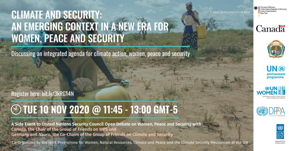 regner_asa's tweet photo. I am joining a #GenderClimateSecurity webinar hosted by @UN_Women, @UNEP, @UNDP, @UNDPPA & partners.
Climate change hazards can expose women and men to new & distinct security risks or exacerbate existing gender-based inequalities. https://t.co/HtauGPRZlo
#WPSin2020 #UNSCR1325 https://t.co/r2P8J97sIX
