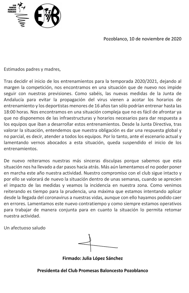 COMUNICADO

Desde el Club, representado por su presidenta, Julia López Sánchez, informamos que, debido al escenario actual provocado por las últimas medidas implantadas por la Junta de Andalucía, queda suspendido el inicio de los entrenamientos.

#BaloncestoPozoblanco ⛹🏻‍♀️⛹🏻‍♂️🏀