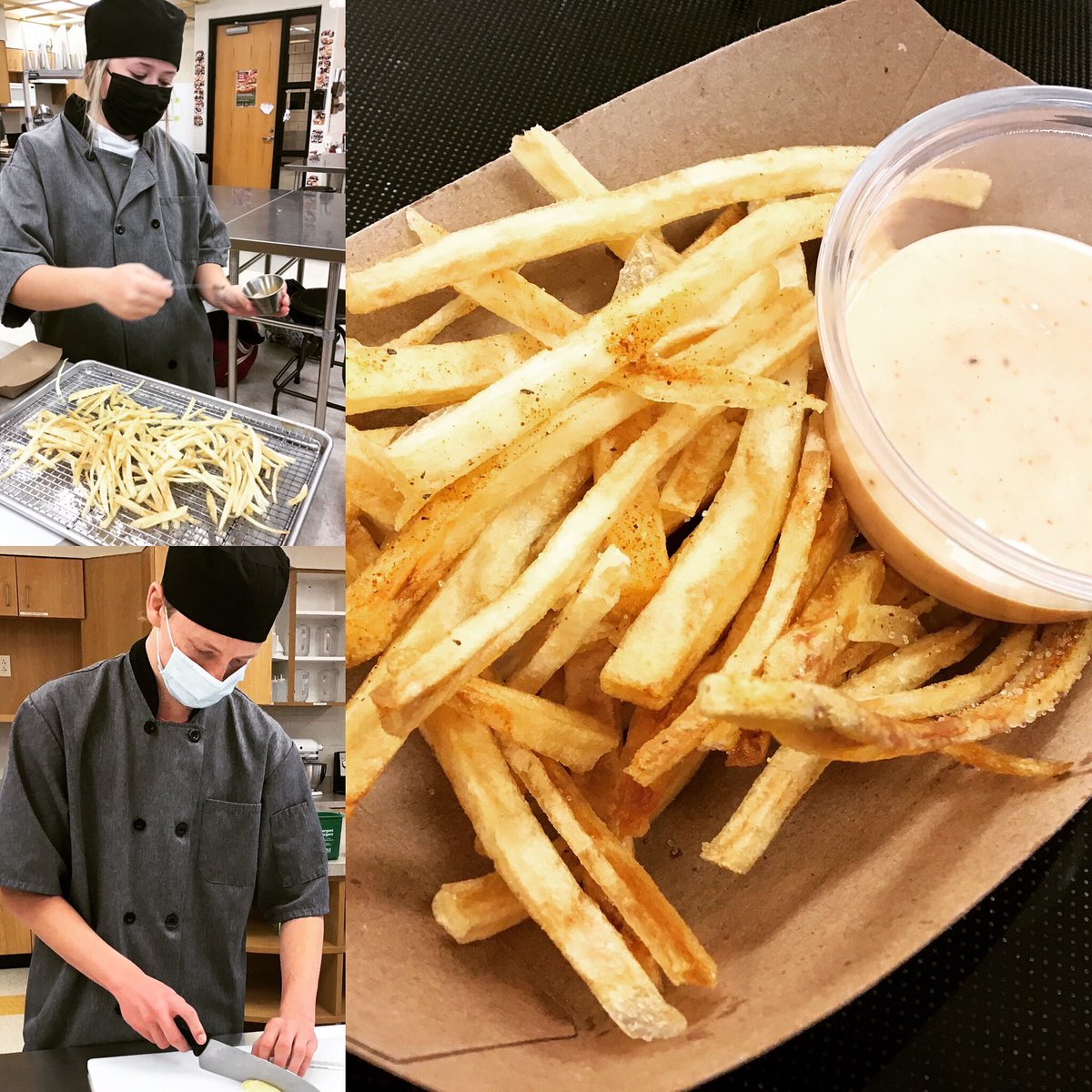 jagculinary's tweet image. Knife skill cuts turned into garlic roasted mashed potatoes and french fries this week! #mediumdice #julienne #cookingmethods #jagculinary #boiling #roasting #frying #knifecuts