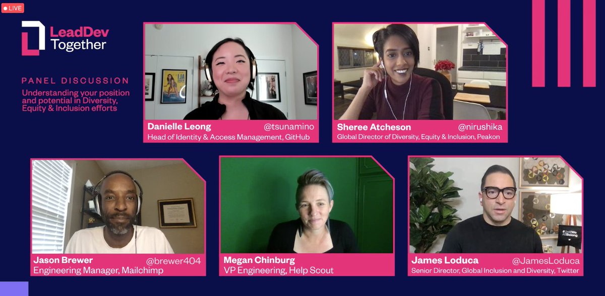 Next is our panel:  @JamesLoduca  @nirushika  @brewer404 and Megan Chinburg on Understanding your position and potential in Diversity, Equity and & Inclusion efforts.Making visible mistakes, learning the art of the apology and demonstrating growth in vulnerable situations.