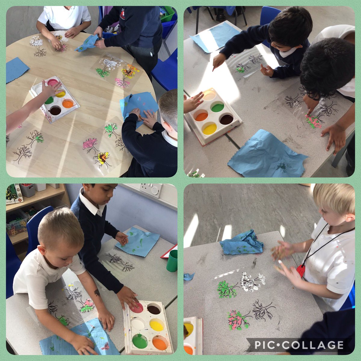 BartonCloughY1's tweet photo. How do the trees changes across the 4 seasons? Year 1 have creatively demonstrated this with their finger paintings this afternoon! Can you spot the changes? https://t.co/bvUeKtXbh5