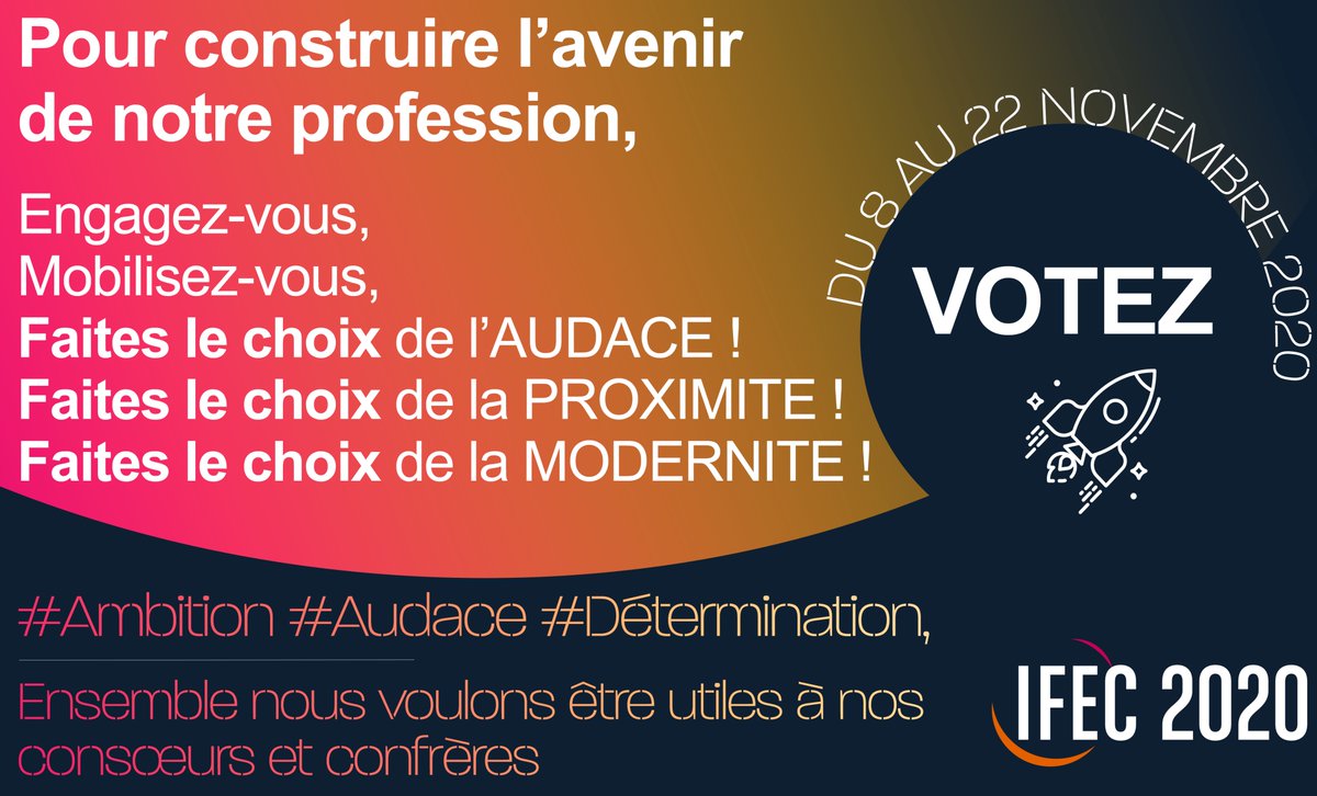 IFECsyndicat's tweet photo. C'est le moment de voter 🚀🚀 de se mobiliser pour votre avenir, pour la croissance de la profession !

Votez pour une liste #audacieuse #innovante #forte et #attractive 
👉Pour le CSOEC > @VellutV 
👉Vos CROEC > https://t.co/FJfIX9oSQr

Pour voter > https://t.co/PP6PF99E5Q https://t.co/DhqgTtlu2b